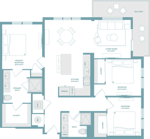 Floor plan for 3 beds, 2 baths, 1400 sqft